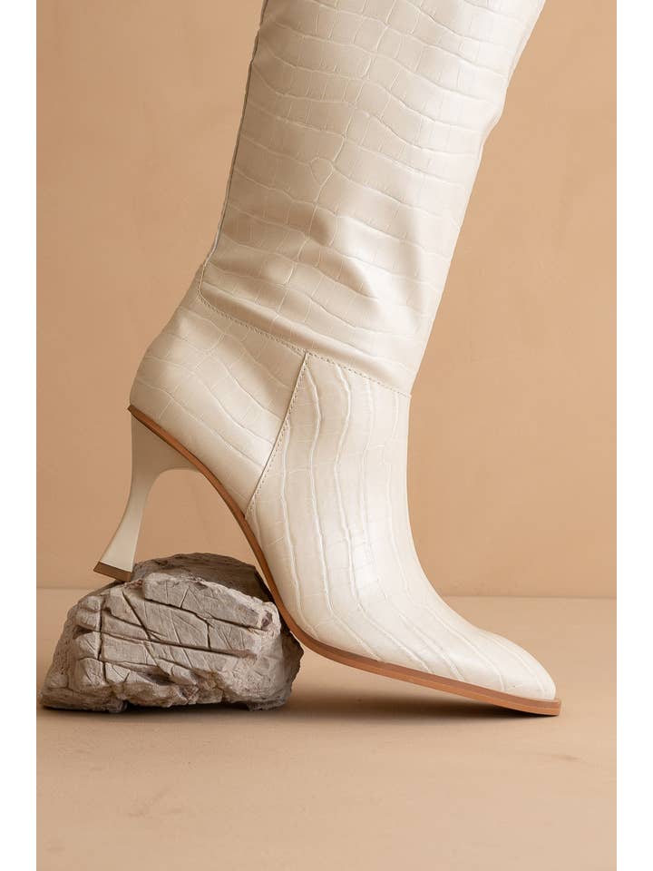 SOLD OUTThe Vanessa Off White | Reptile Print Knee High Boot for wholesale on Faire