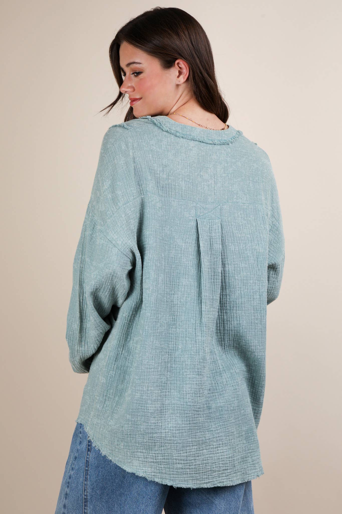 VERY J - Wholesale Shirt - Women's - NT12105-Washed Cotton Gauze Oversized Top4