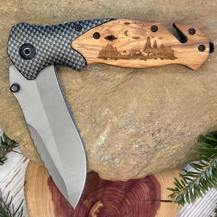 Camping at Night (Tent) Knife for wholesale by Quail Tail Laser Art
