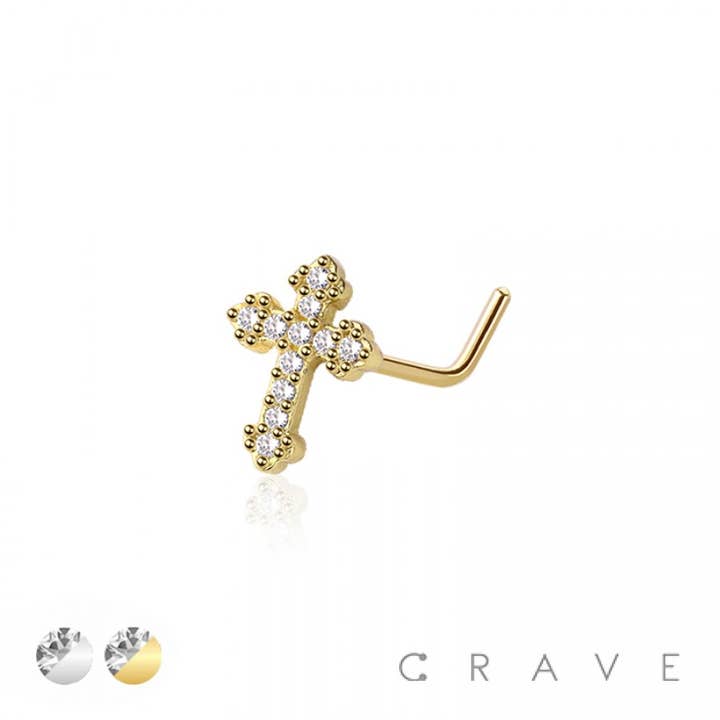 CZ GEM PAVED CROSS 316L SURGICAL STEEL L-SHAPE NOSE STUD for wholesale by CRAVE