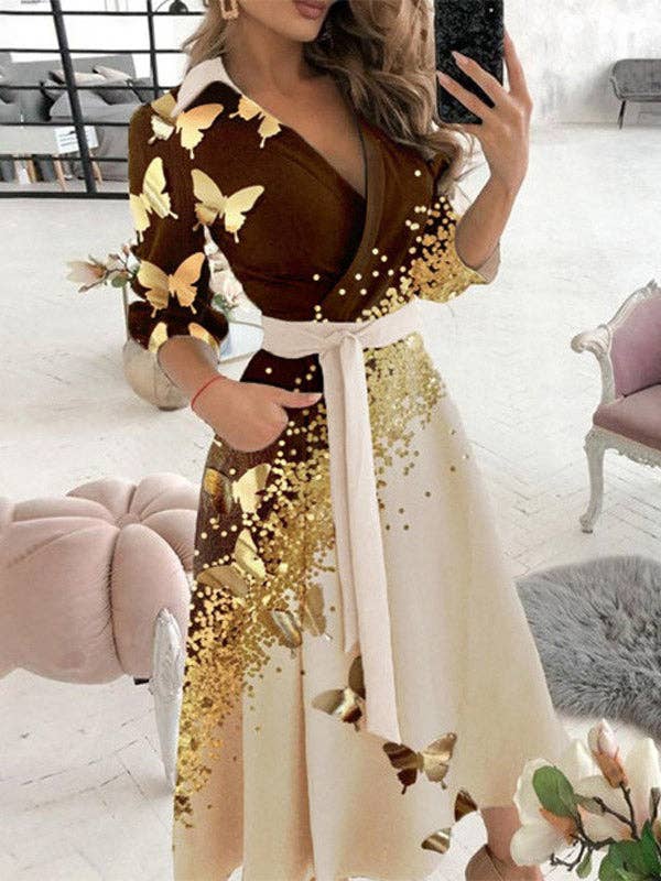 SAMMA SOM BILDEN Stilfull glansig tryckt bandage korsrem V-ringad halvlång ärm midiklänning för wholesale på Faire