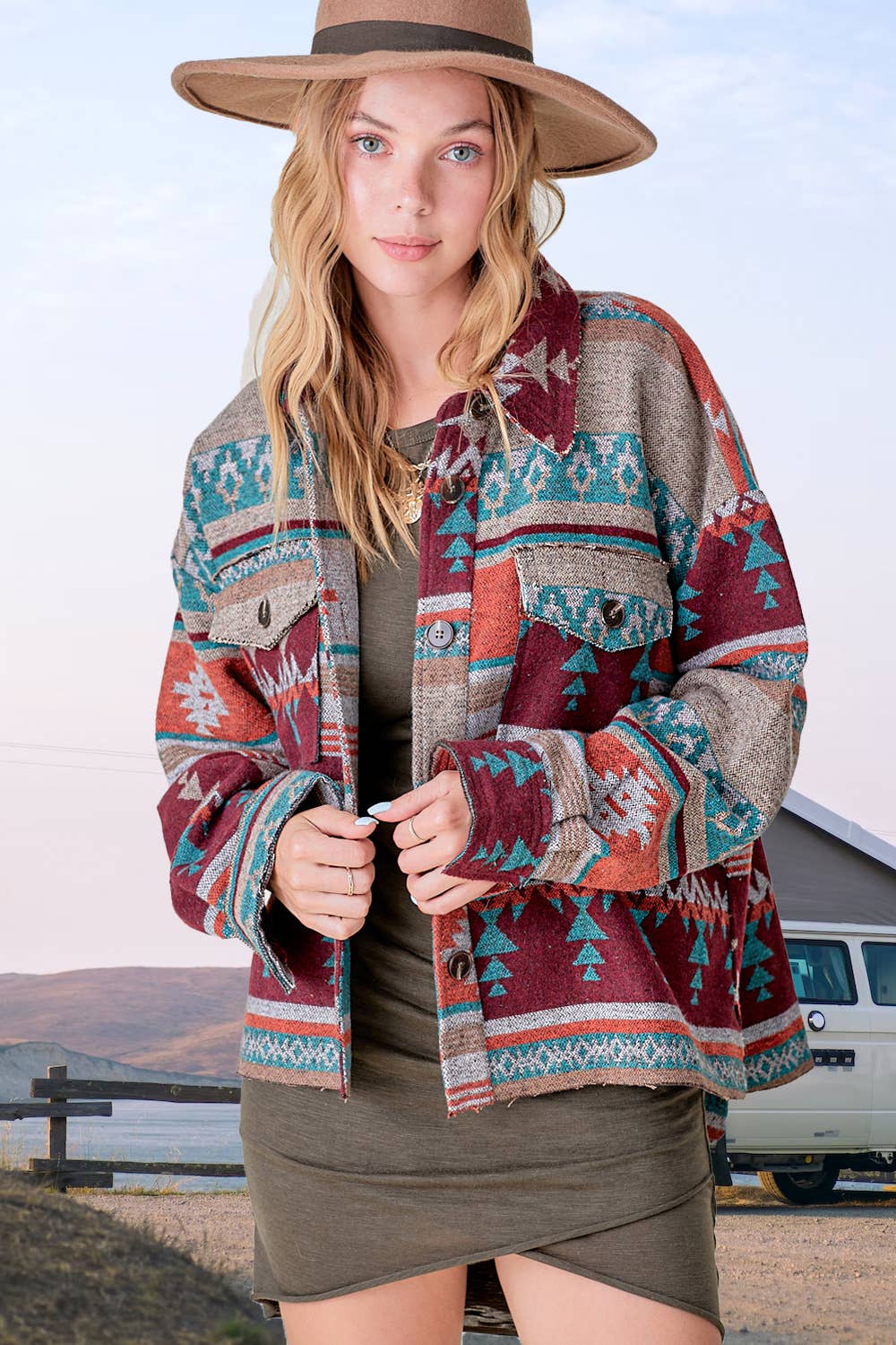 Rust Wine JKT1717-Aztec Pattern Long Sleeve Button Down Jacket for wholesale on Faire5