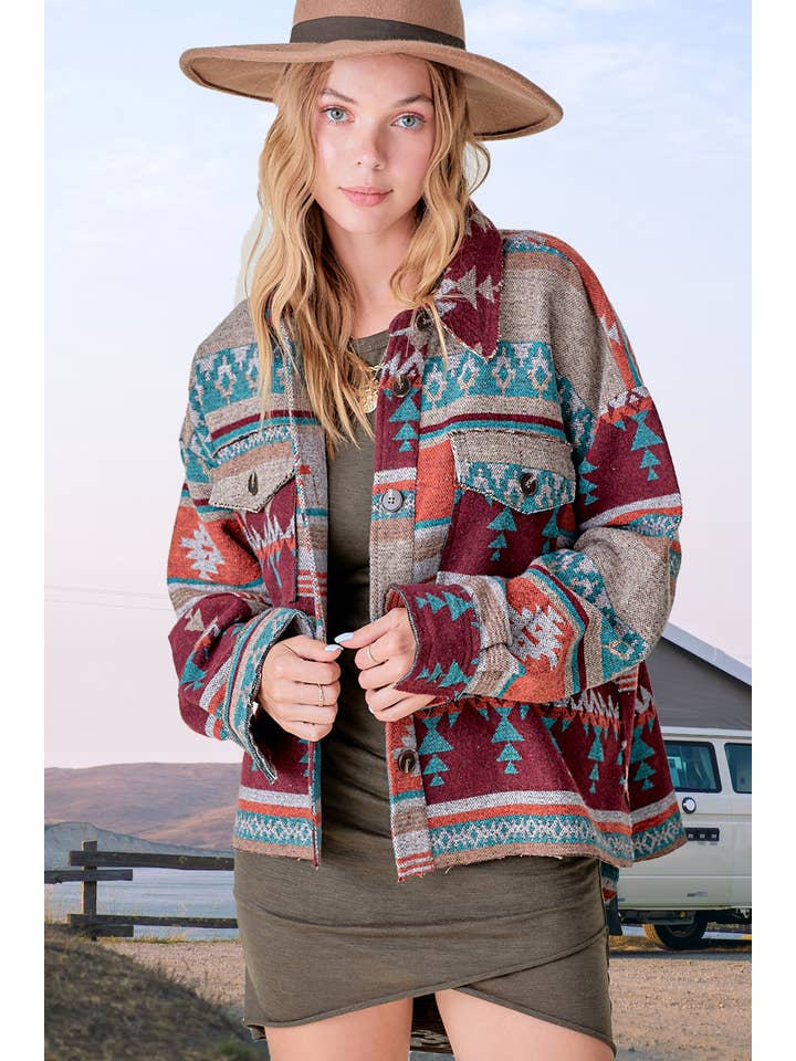 Rust Wine JKT1717-Aztec Pattern Long Sleeve Button Down Jacket for wholesale on Faire5
