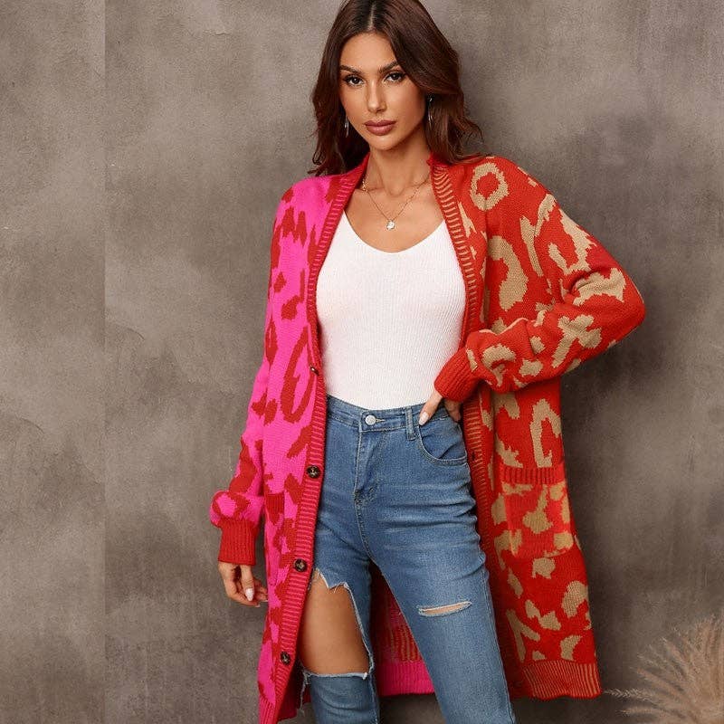 Mirazshoes WholeSale - Wholesale Cardigan - Women's - Contrast Color Leopard Buttoned Midi Knitted Cardigan Outerwear4