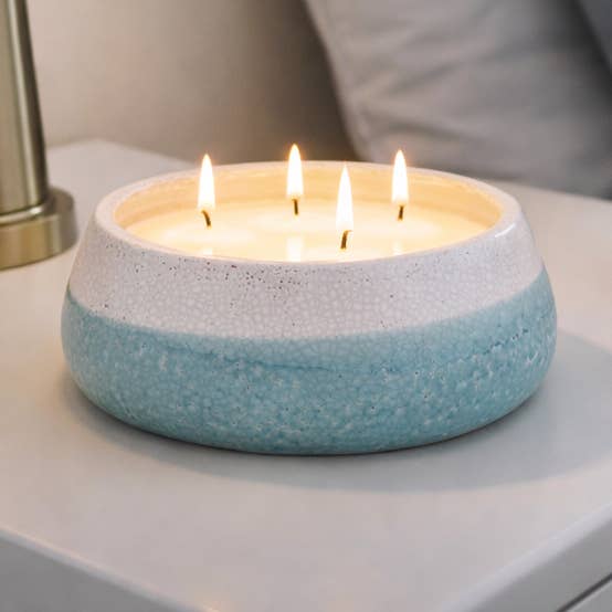 Ceramic Wax Woodsy Moco Bamboo Bowl Candle - Blue, 35 Oz for wholesale by Sagebrook Home