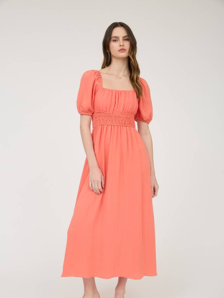 MINE - Wholesale Dress - Women's - SOLID SMOCKED WAIST BALLOON SLEEVE MIDI DRESS