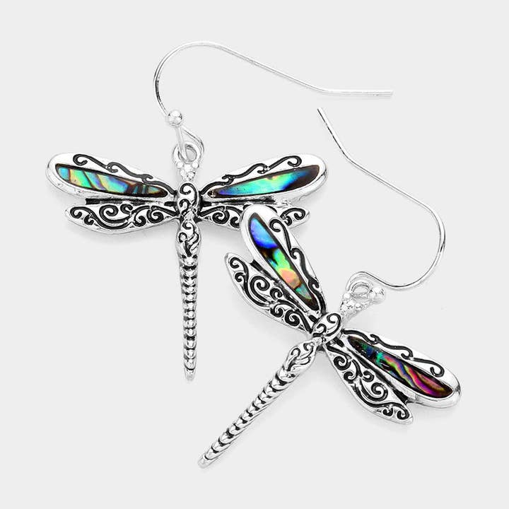 Antique Metal Abalone Dragonfly Dangle Earrings for wholesale by Sensibling Corp.