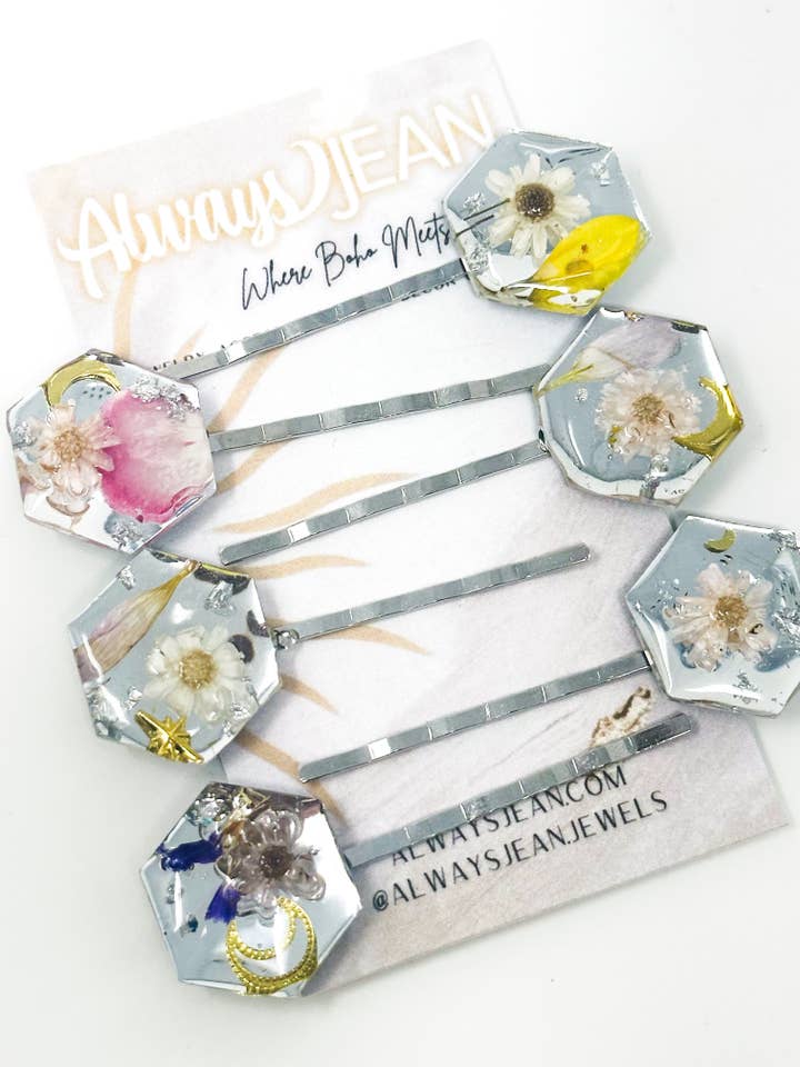Flower Bobby Pins-Pressed Flowers In Resin for wholesale by AlwaysJean