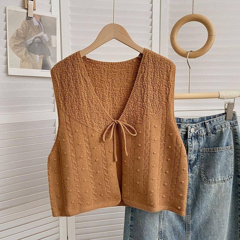 Rosa Clothing - Wholesale Knit Top - Women's - V-neck Ribbon Bow tie front lace up knit Cardigan gilets3