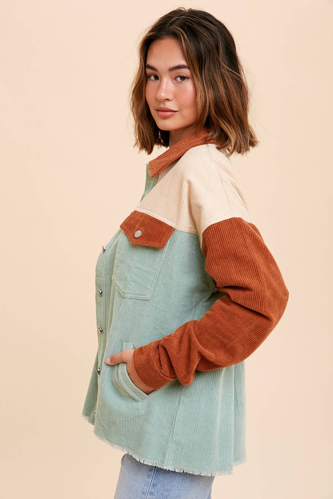 SAGE RUST COLOR BLOCK CORDUROY SHACKET for wholesale on Faire3