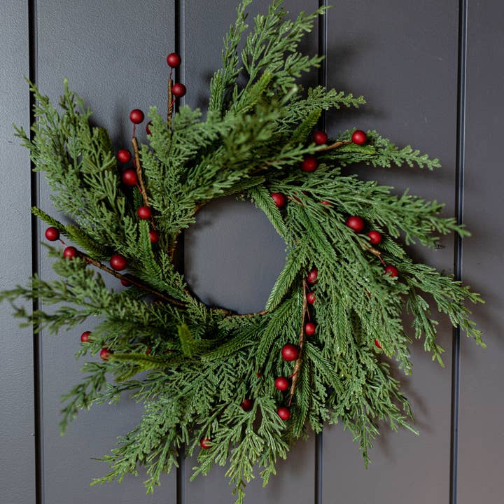 Luxe B Co - Wholesale Wreath - Red Plum Berry Norfolk Cypress Real Touch Wreath - 14"4