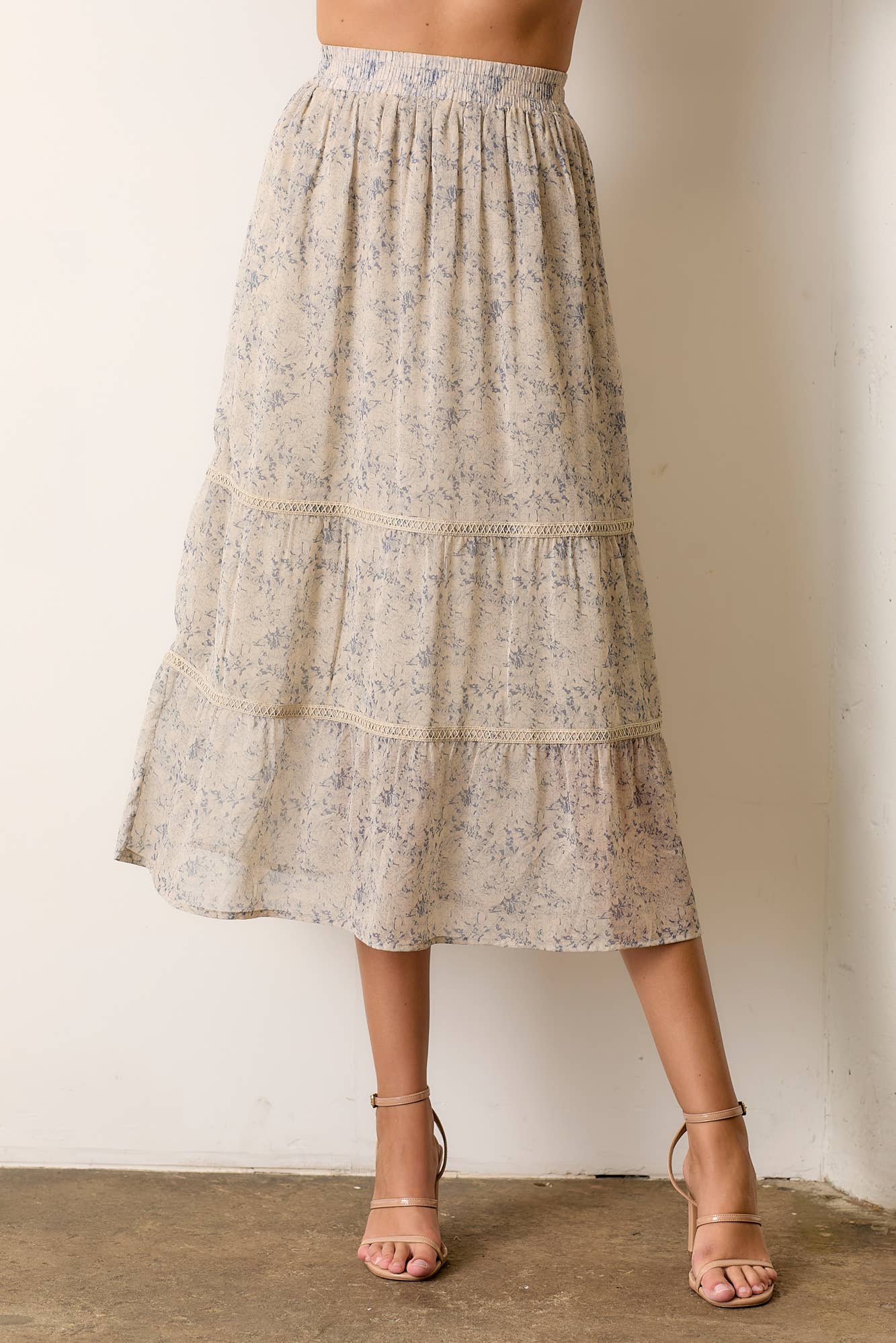 NATURAL MULTI PRINTED ELASTIC WAIST MAXI SKIRT for wholesale on Faire1