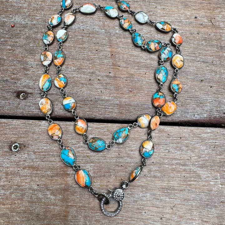 Spiny Turquoise Bezel Necklace with Pave Diamond Clasp for wholesale by ILISSA MICHELE JEWELRY