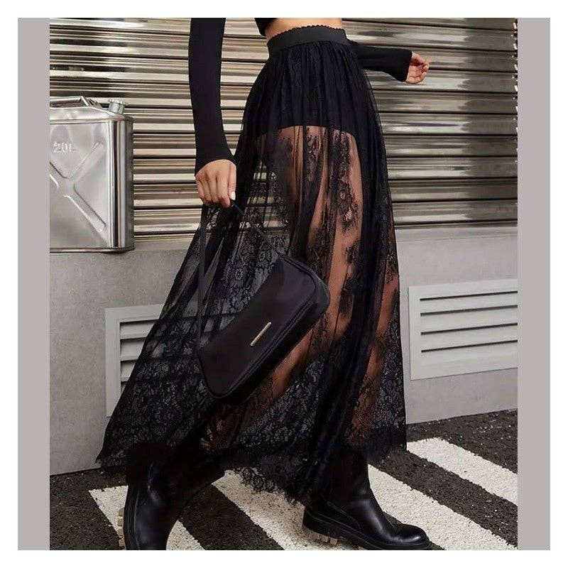 Sheer Trend - Wholesale Skirt - Women's - Solid Color Lace Sheer Midi Skirt2