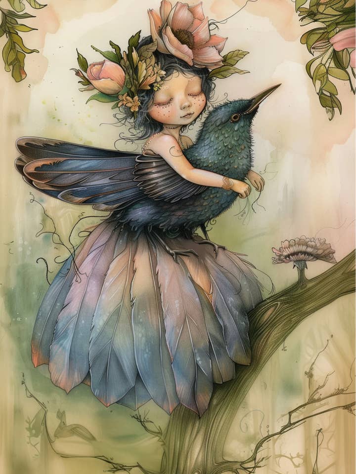 Vögel & Feen: Elf mit Honigfresser | Kaart Fripperies für den Großhandel von Fripperies