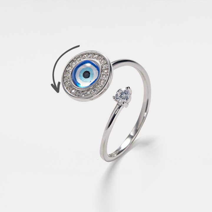 Perimade & Co. LLC - Wholesale Multi-Stone Ring - Glass Evil Eye Fidget Spinner Ring in 925 Sterling Silver3