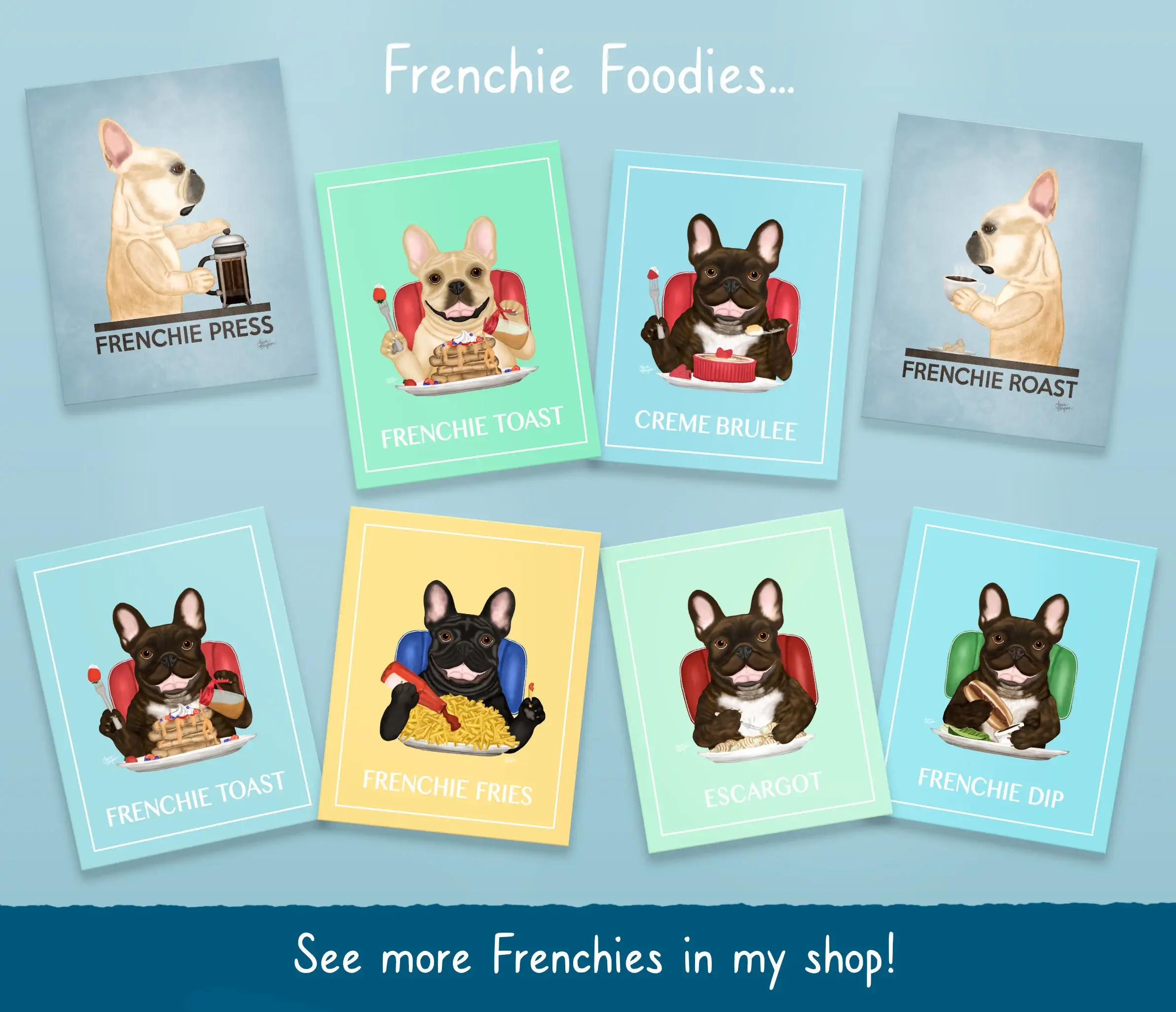 Laura Bergsma Studio – Engroshandel Kunsttryk – Fransk Bulldog Kunst Print, Frenchie Press, Blå m/BRN øje8