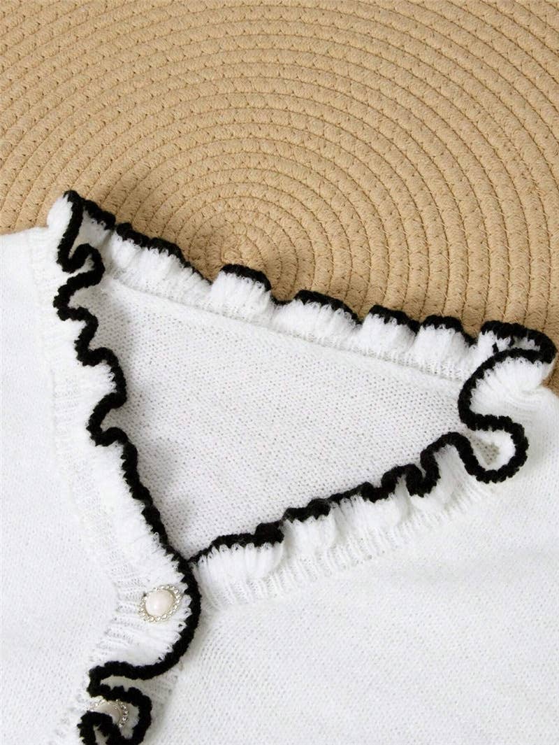 HIDDENBRAND - Wholesale Knit Sweater - Women's - Ruffle Knit Contrast Trim V-Neck Sweater3