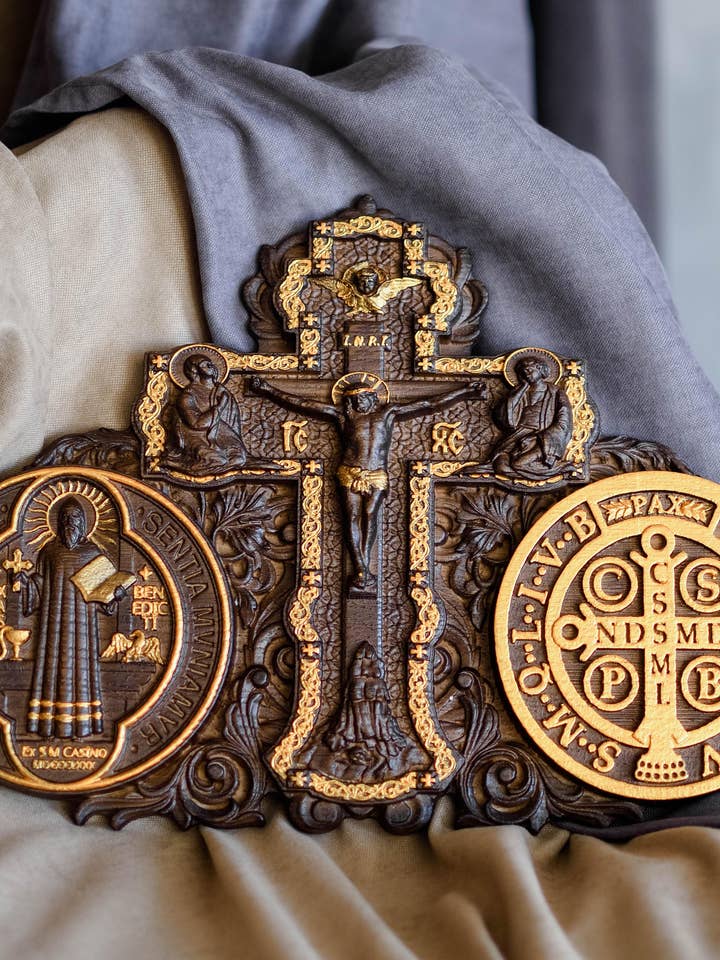 Benedict of Nursia wooden handmade medal modern home decor for wholesale by KozakWorkshop