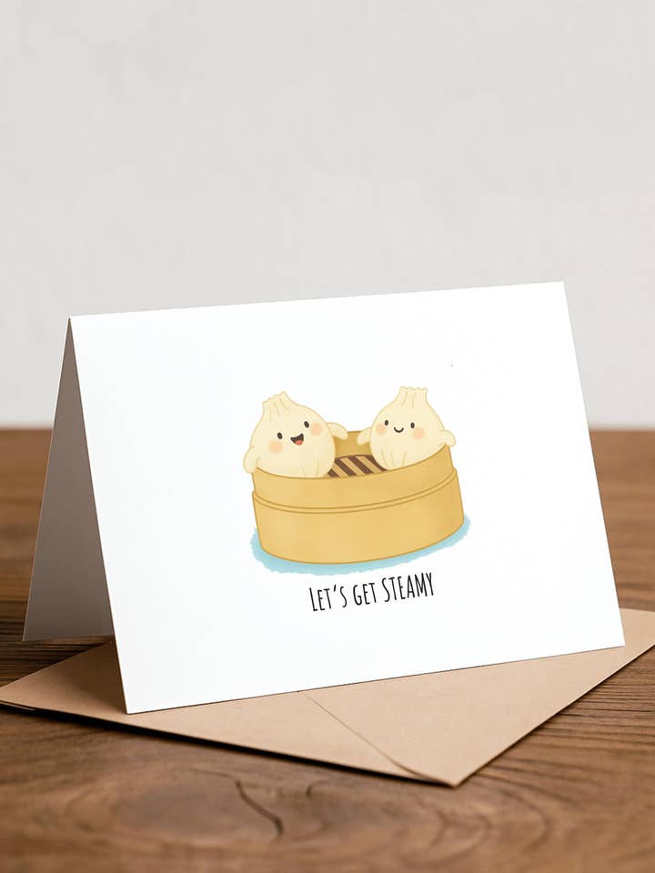 Allons-y, SOYEZ VAPEUR : Carte d'amour XLB Dim Sum Dumpling Bao pour la vente par Chewy Lemon Studio