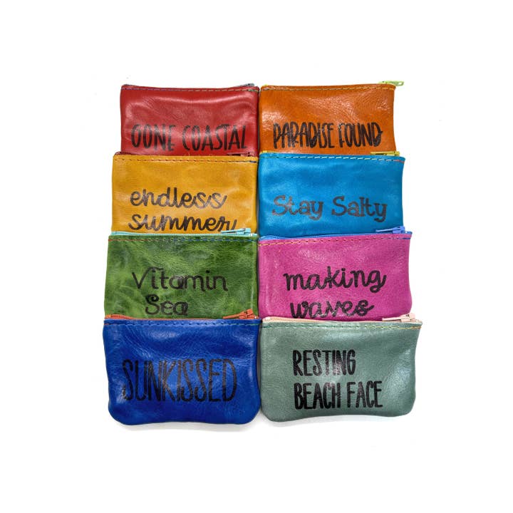 Extra Small Beachy Word Leather Pouches for wholesale by Vicki Jean Leather Design Co.