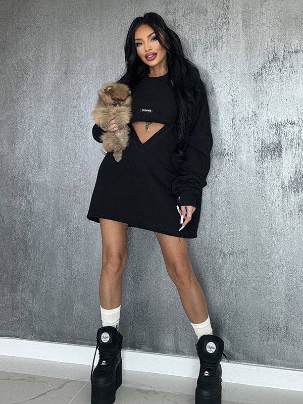 KAKI Completo due pezzi: mini abito e top smanicato a girocollo in tinta unita, vestibilità ampia in vendita all'ingrosso su Faire10