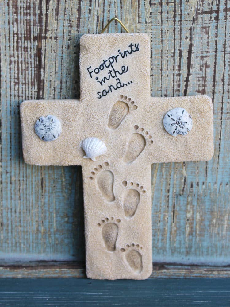 California Seashell Company - Wholesale Wall Cross - Footprints in the Sand - Cross with Poem0
