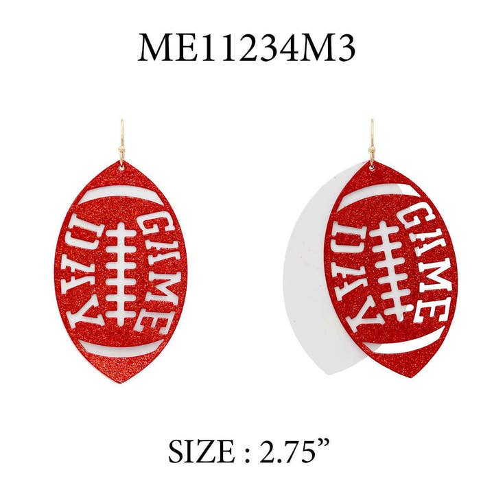 White Metal and Maroon Glitter Gameday Football 2" Earrings for wholesale by What's Hot