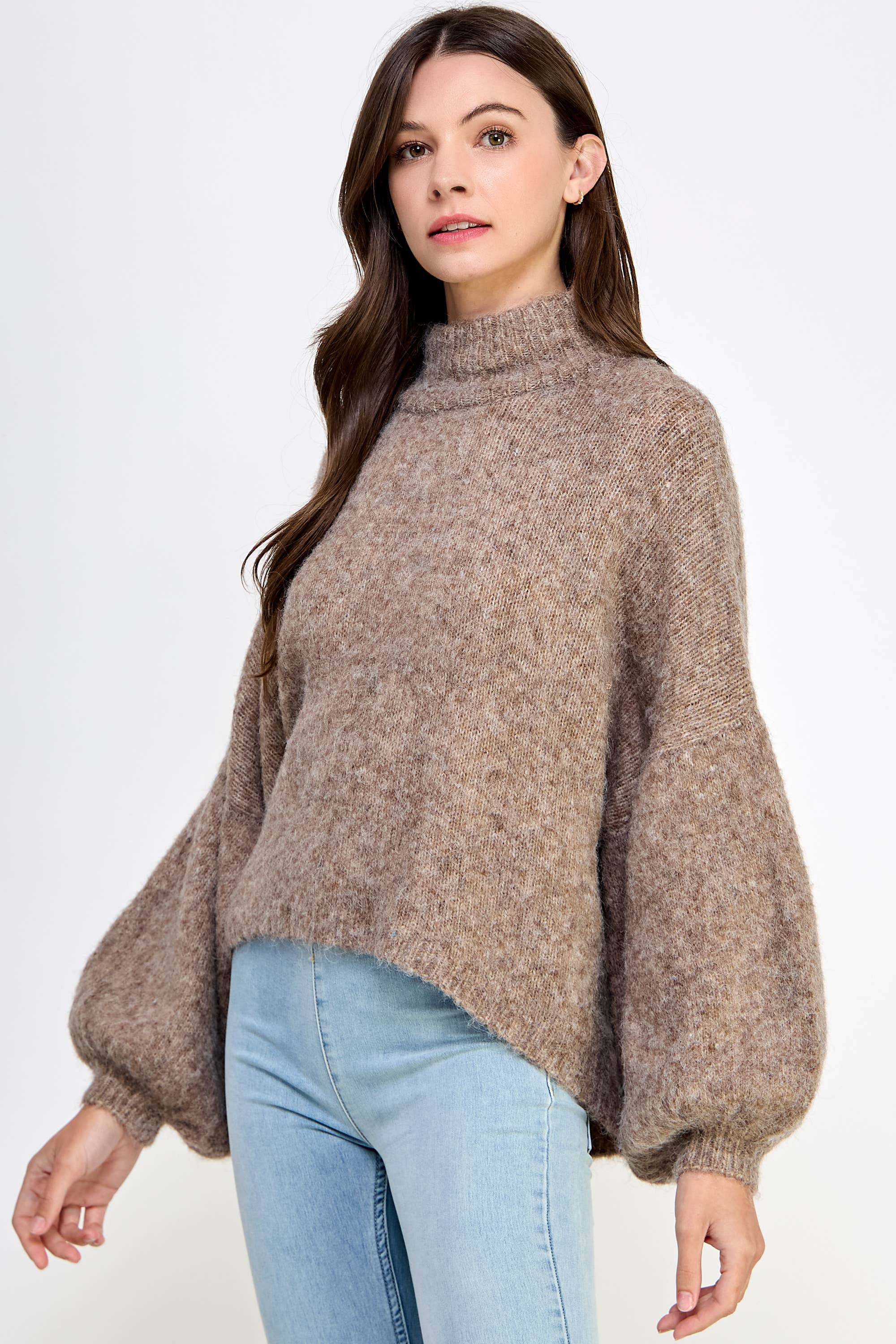 Million Colors - Wholesale Knit Sweater - Women's - Eloise Sweater Mock Neck High Low Hem Balloon Sleeves5