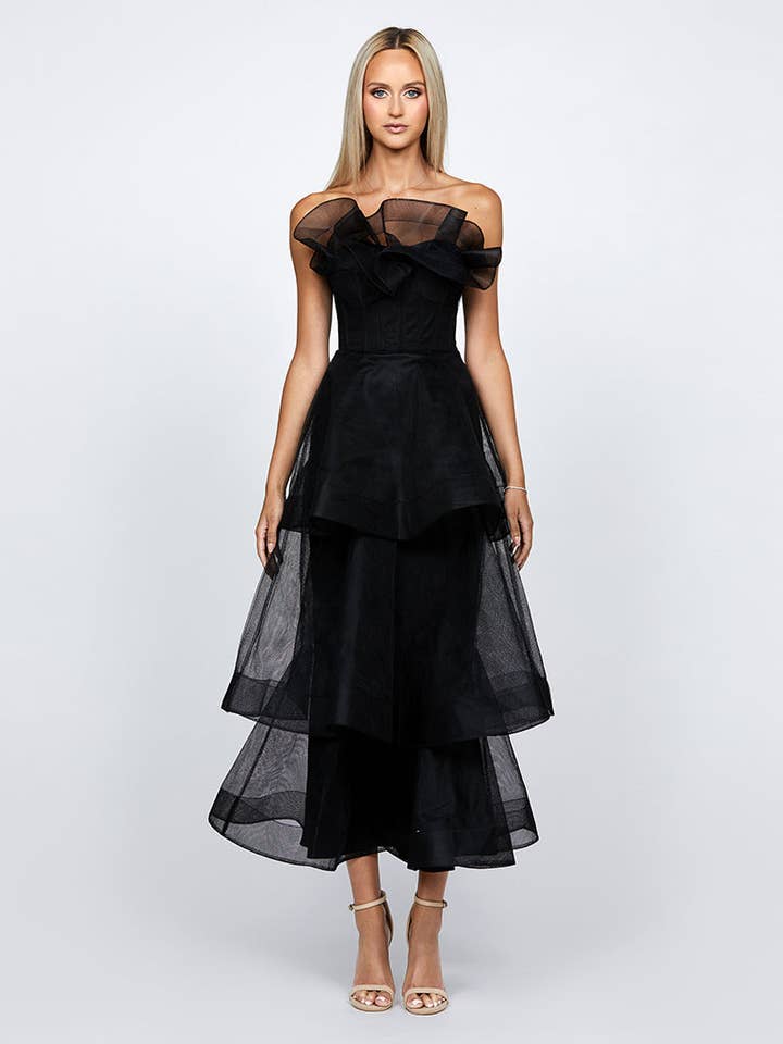BLACK KASCADE TIERED RUFFLE MIDAXI B68D07L for wholesale on Faire