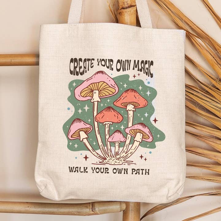 Hippie Mushroom Quote Printed Shopping Library Tote Bag for wholesale by Home and Honey Shop