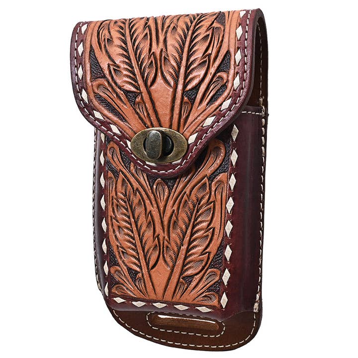 Étui de téléphone portable en cuir américain tan Hilason à motif floral tressé. pour la vente par HILASON