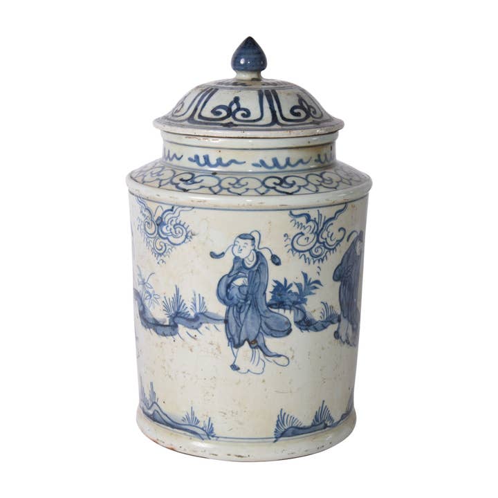 Legend Accents - Wholesale Decorative Jar - Blue And White Ancient People Lidded Jar1