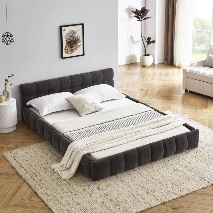 Dark Grey Queen Size Upholstered Chenille Platform Bed for wholesale on Faire