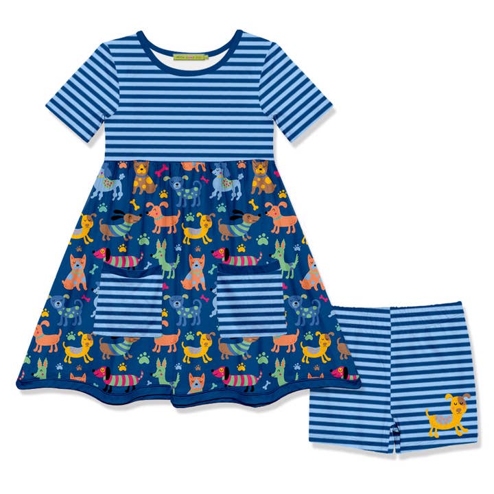 Kids Blue Doggies Pocket A-Line Dress & Stripe Shorts for wholesale by Millie Loves Lily