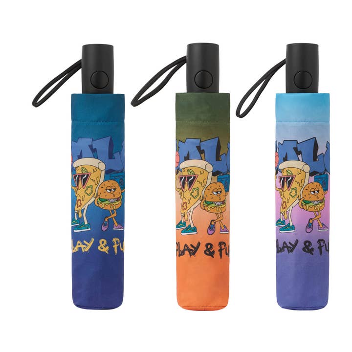 Automatisk foldbar paraply med streetillustrationer i polyester for engroshandel hos Mkr International