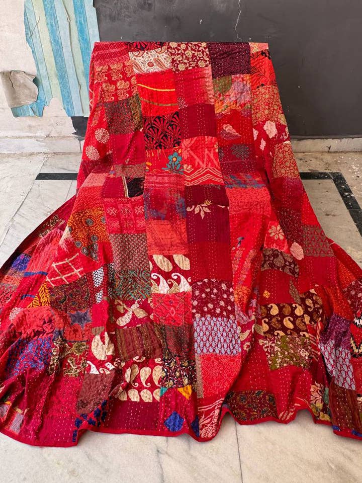 Patchwork Kantha Stitched Quilt Silk Sari Double Bedspreads for wholesale by GYPSY STUDIO