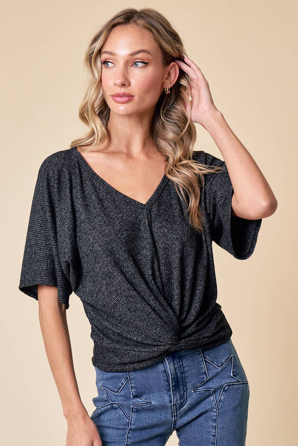Saints & Hearts - Wholesale Knit Top - Women's - ST3833A BLACK CASUAL LIGHT TWISTED FRONT TOP1