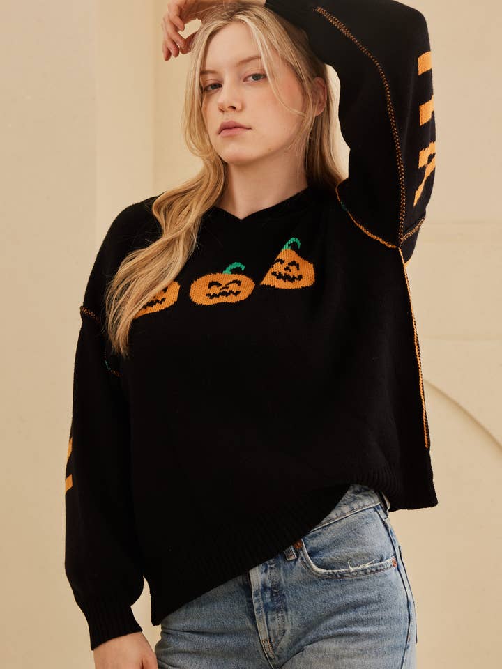 Noir Pull d'Halloween à capuche avec broderie Jaco O en vente sur Faire2