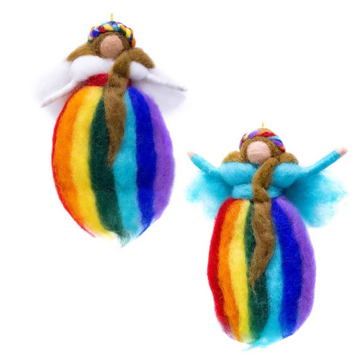 Global Crafts - Wholesale Ornament Set - Rainbow Fairies Handmade Felt Ornaments, Set of 2 White and