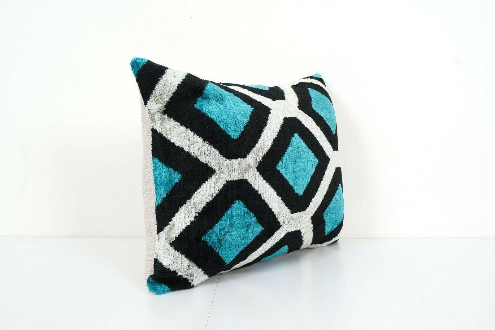 Vintage Pillows Store - Wholesale Throw Pillow Cover - Blue Silk Ikat Velvet Pillow Cover, Handloom Ikat Lumbar1