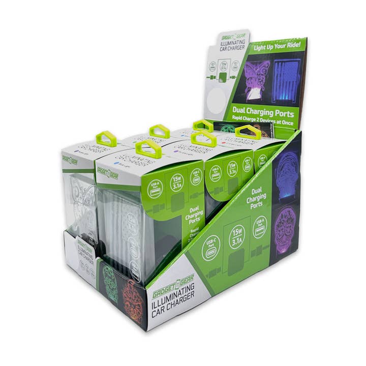 Gadget Gear Illuminating Dual Port Car Charger - 6/Display for wholesale by Novelty Brands