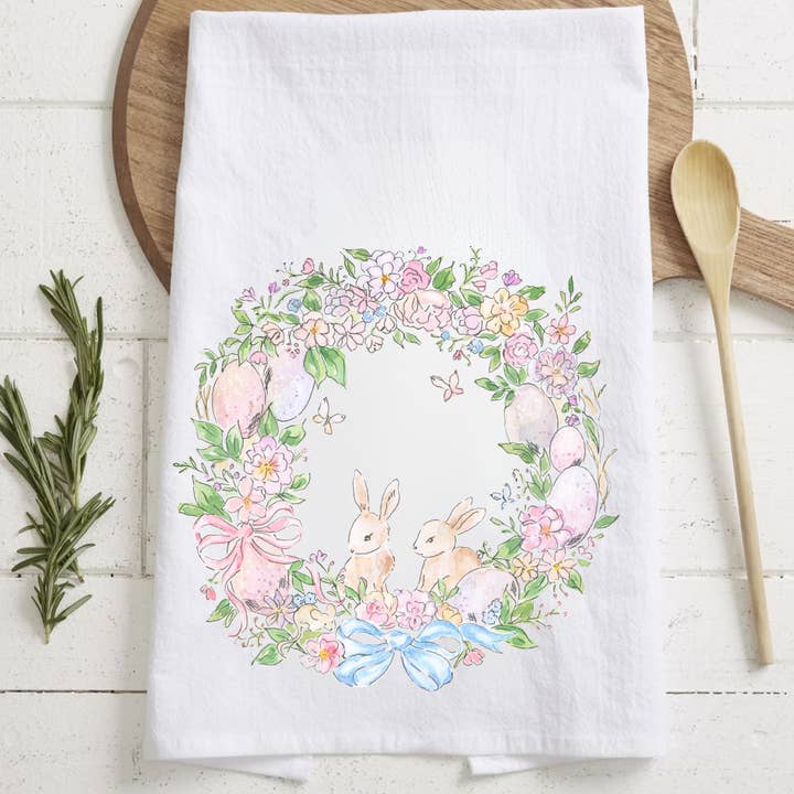 Bunny Wreath Tea Towel - Easter for wholesale by The Luna T Company