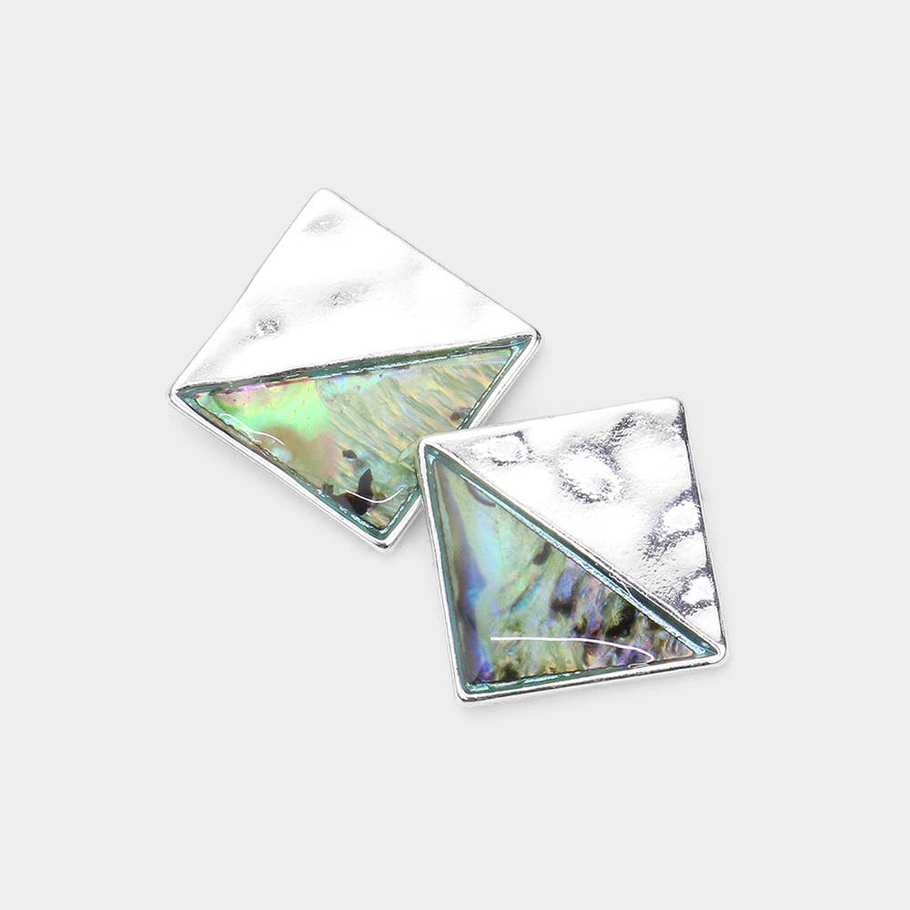 Sensibling Corp. - Wholesale Stud/Post Earrings - Abalone Accented Hammered Metal Square Stud Earrings0