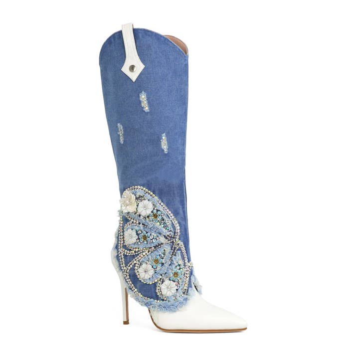 Yoki High Heel Bohemia Denim Western Cowboy Knee High Boots for wholesale on Faire
