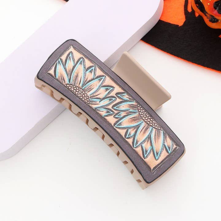 ACCITY - Wholesale Hair Clip - Women's - WESTERN SUNFLOWER LEATHER HAIR CLAW CLIP_CWAHA0609
