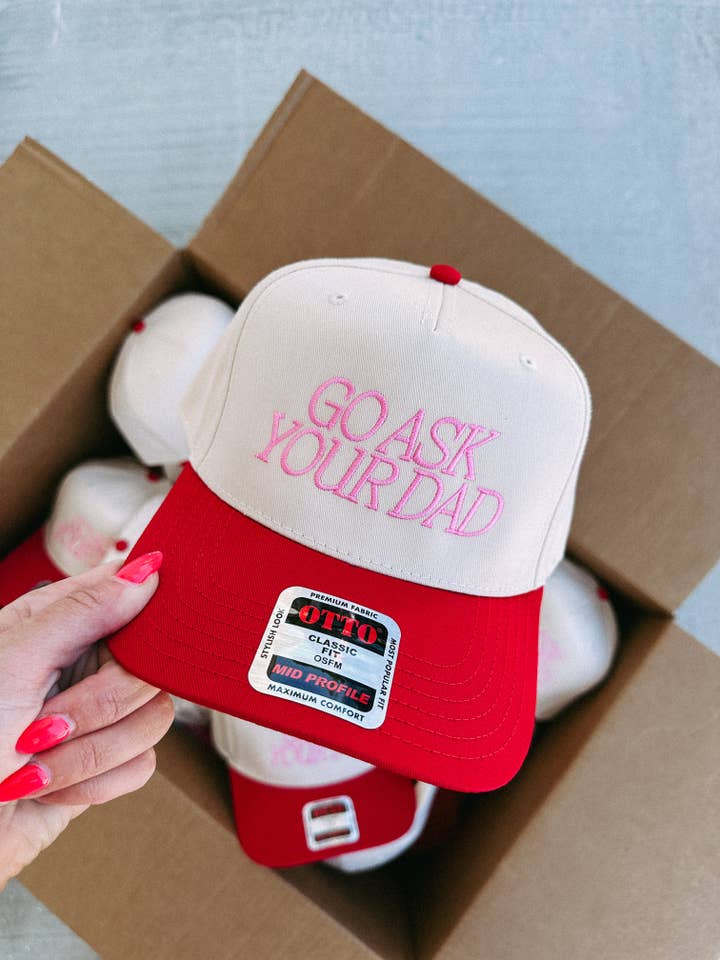 go ask your dad trucker hat - cream / red / pink for wholesale by ETTA & EAST