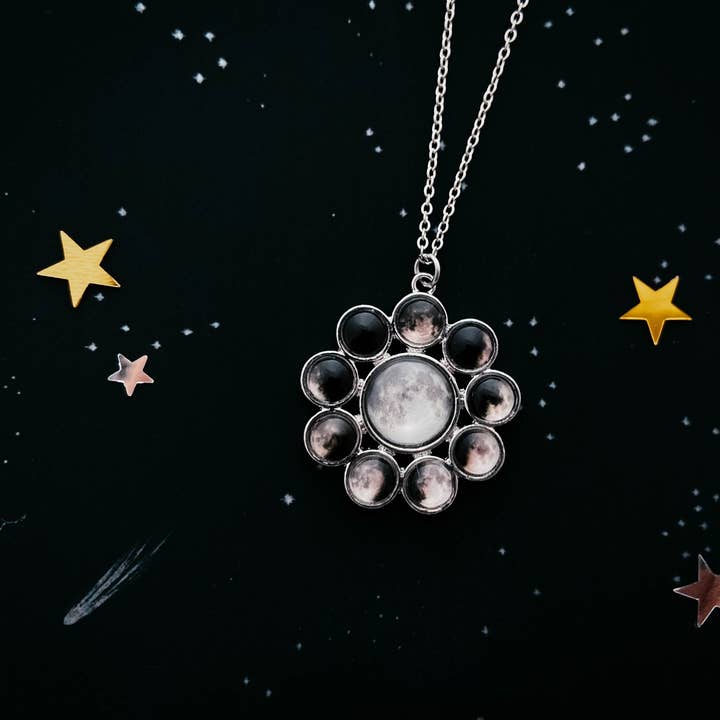 Moon Phase Halo Pendant Necklace for wholesale by Yugen Handmade