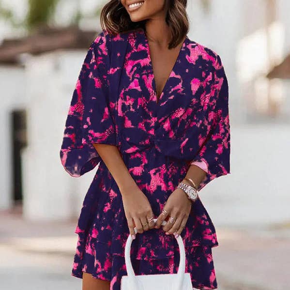 Loose Plus Size Double Layered Pleated Printed Split-Joint V-Neck Mini Dresses for wholesale by UZ Wholesale Store