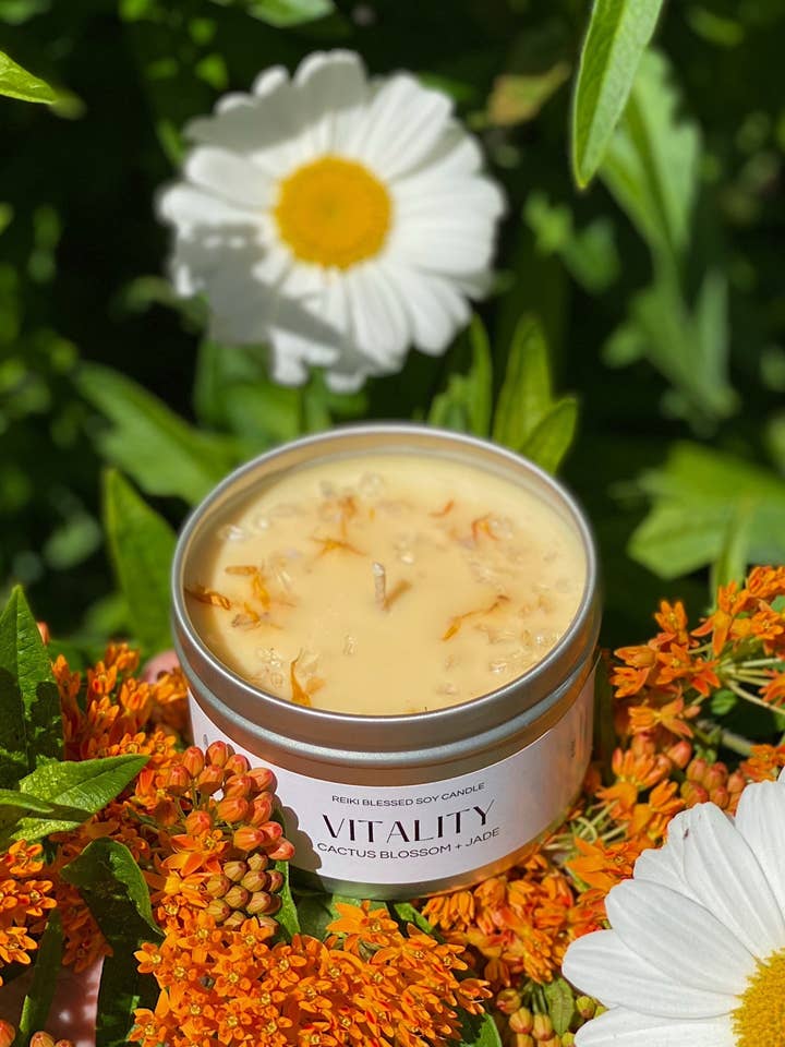 Bougie de voyage en soja bénie au Reiki Vitalité avec pierres de citrine pour la vente par Lunar Rei Candle Co.